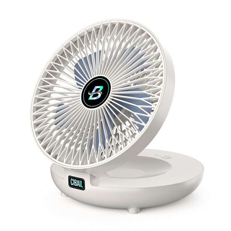 White portable fan with visible brand logo on a white background