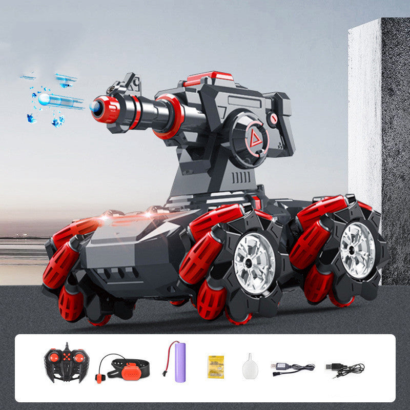 Toy robot with red and black design, featuring a remote control and accessories on a gray background.