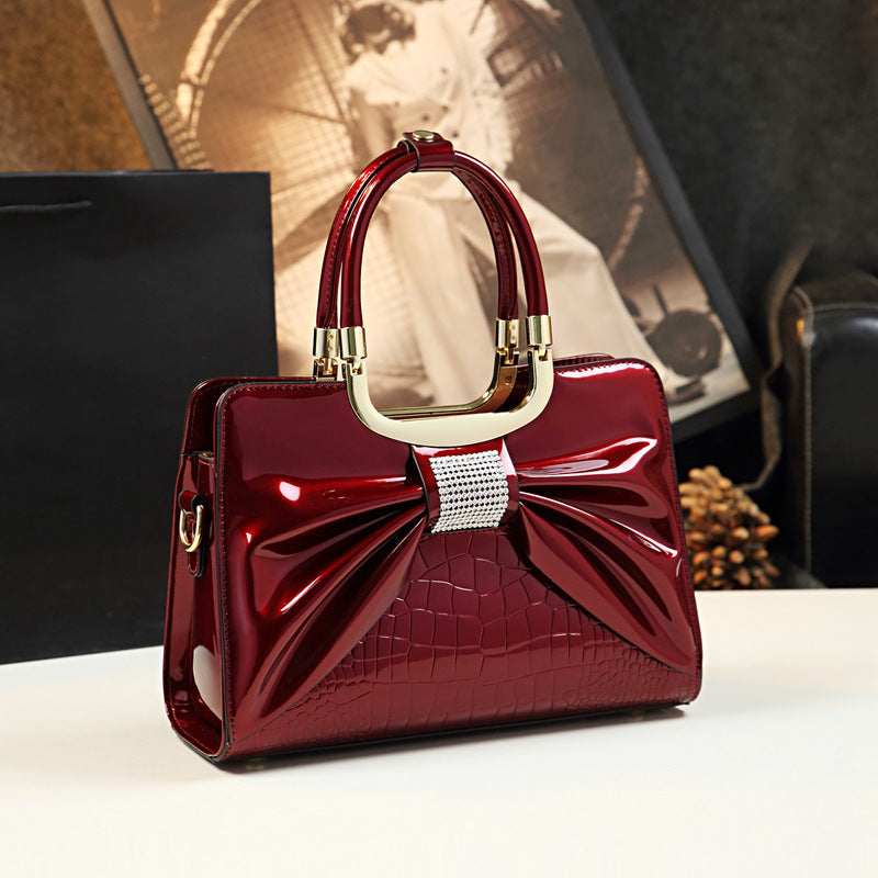 Elegant Bow Charm Glossy Tote – Premium PU Satchel