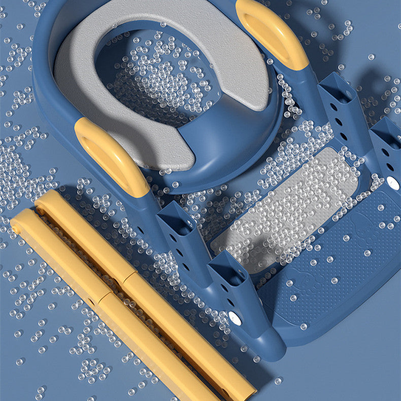 Blue and yellow cleaning tool with a close-up of its components on a blue background.