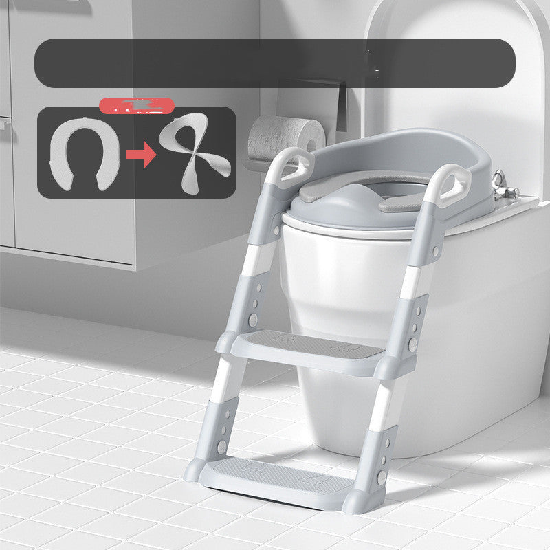 White step stool with seat attached to a toilet in a bathroom setting.