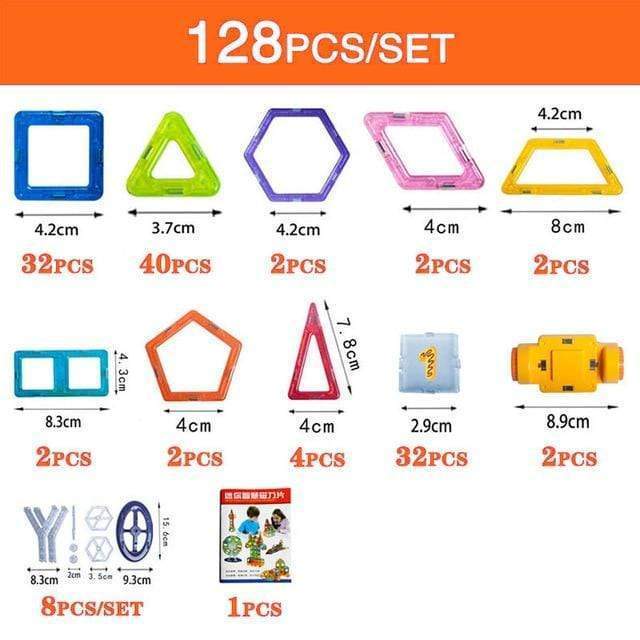 Set of colorful geometric frame building blocks with measurements and quantity details.