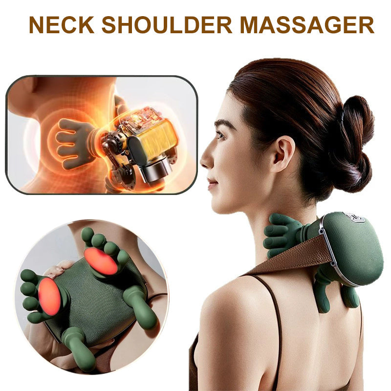 Neck shoulder massager being used on a person with close-up insets showing its features.