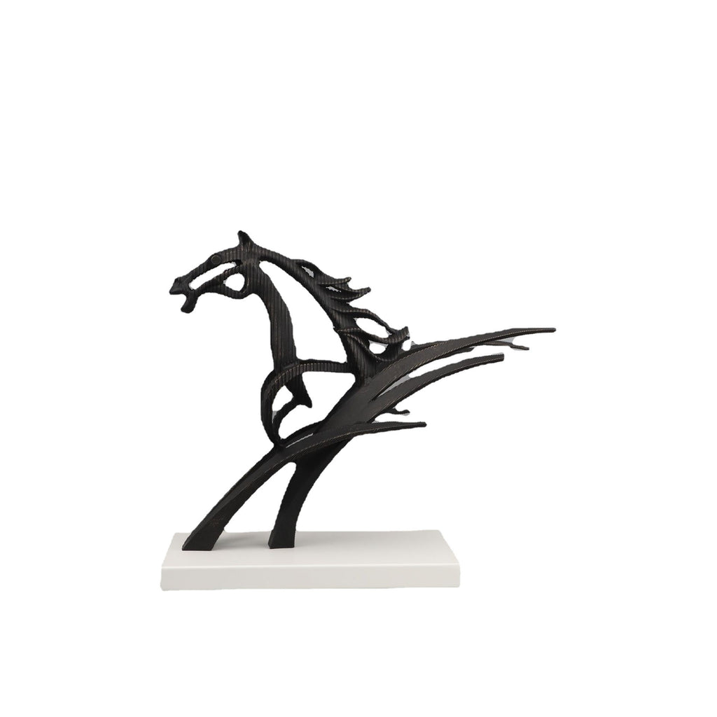 Black horse sculpture on a white base against a white background