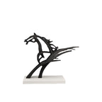 Black horse sculpture on a white base against a white background