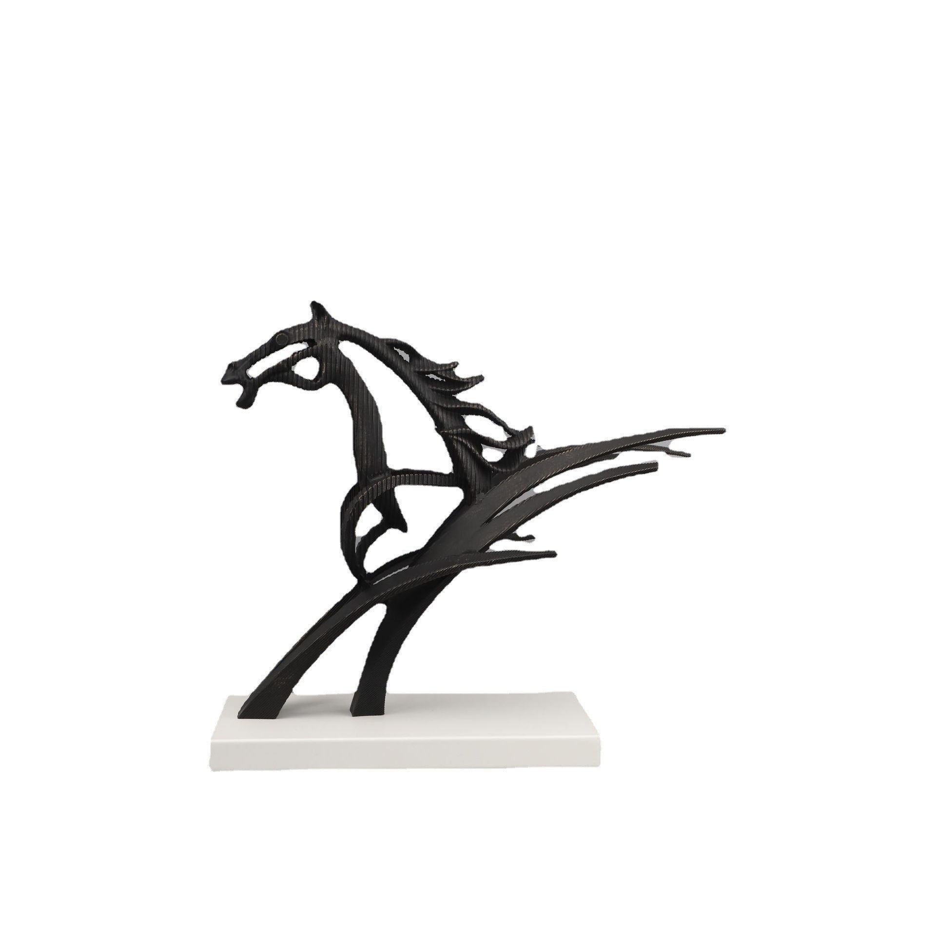 Black horse sculpture on a white base against a white background