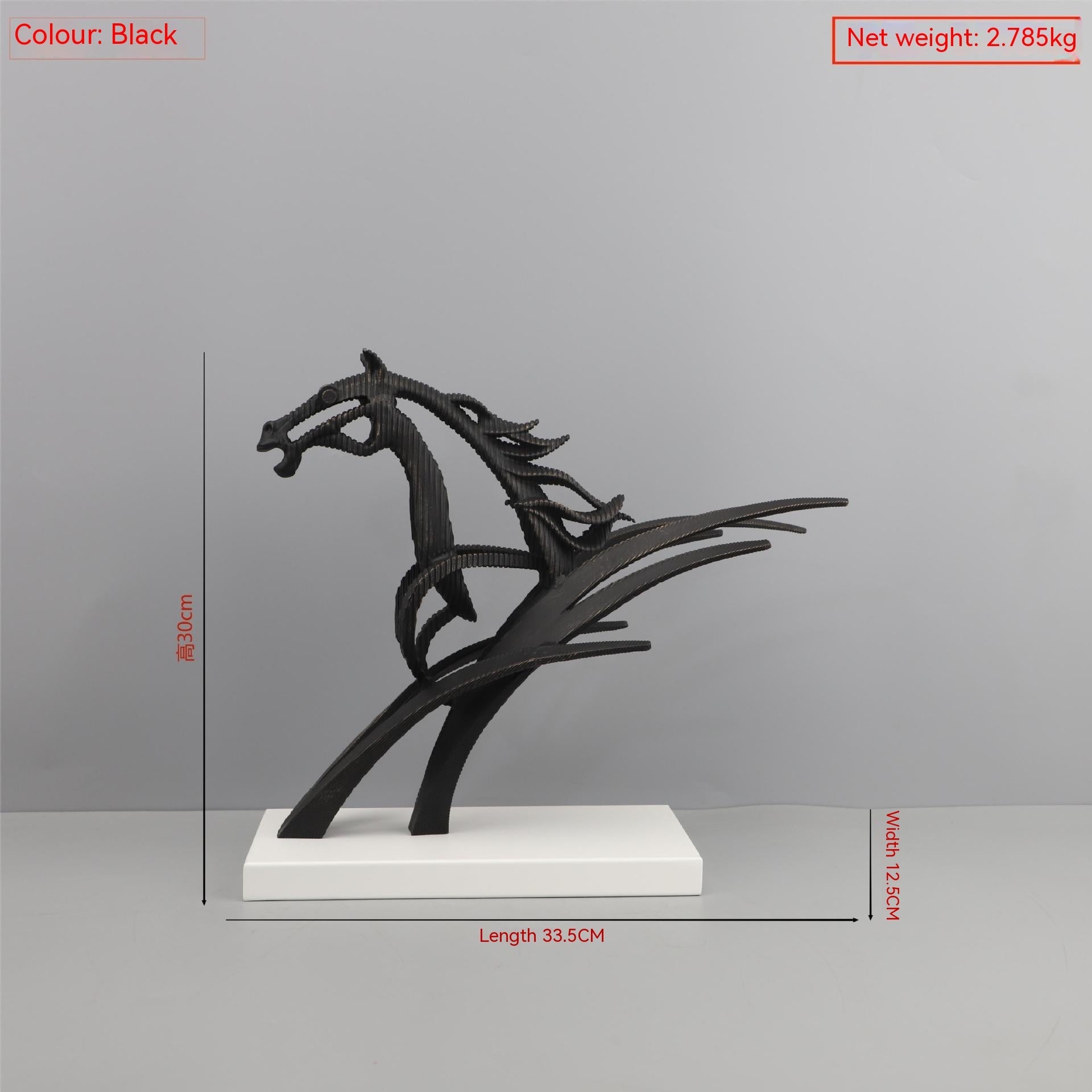 Black horse sculpture on a white base with measurements and weight information on a gray background