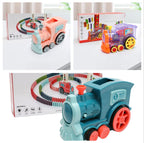 Colorful toy train set with tracks and packaging on a white surface.