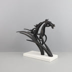 Black horse sculpture on a white base against a gray background