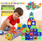 Child playing with colorful magnetic building blocks with text 'Creativity & Imagination' above.