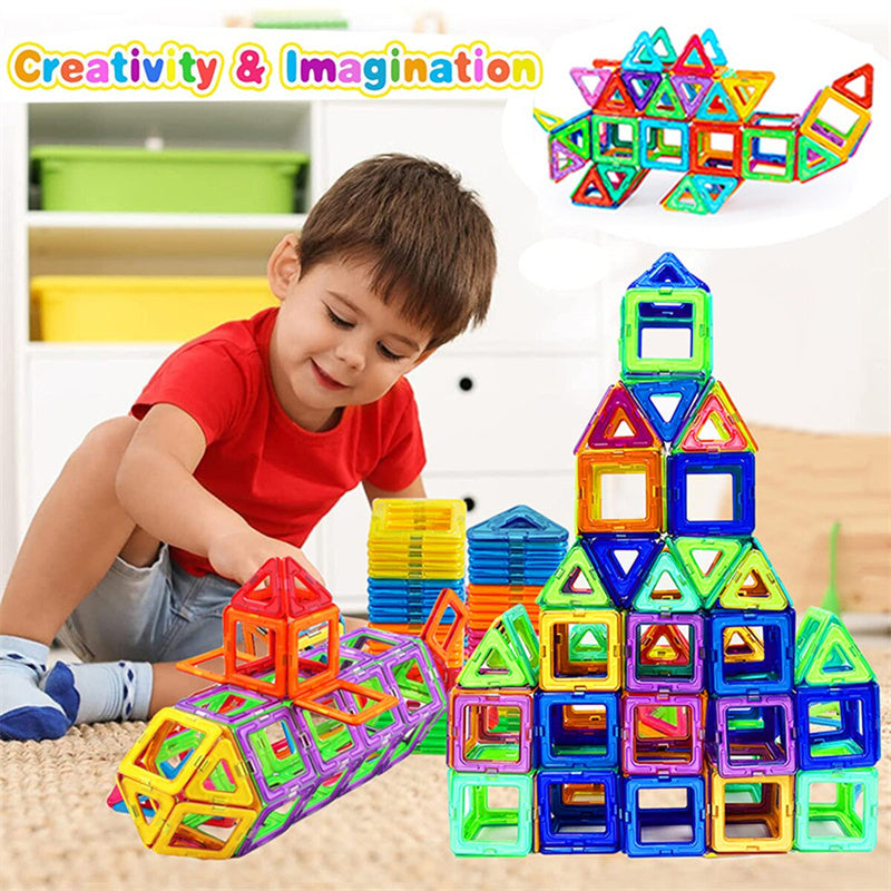 Child playing with colorful magnetic building blocks with text 'Creativity & Imagination' above.