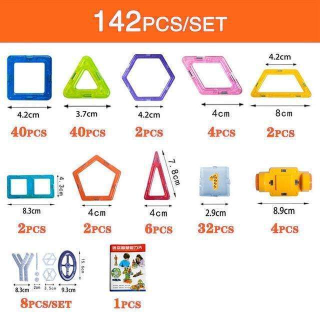 Set of colorful geometric shape molds with measurements and quantity details on a white background.