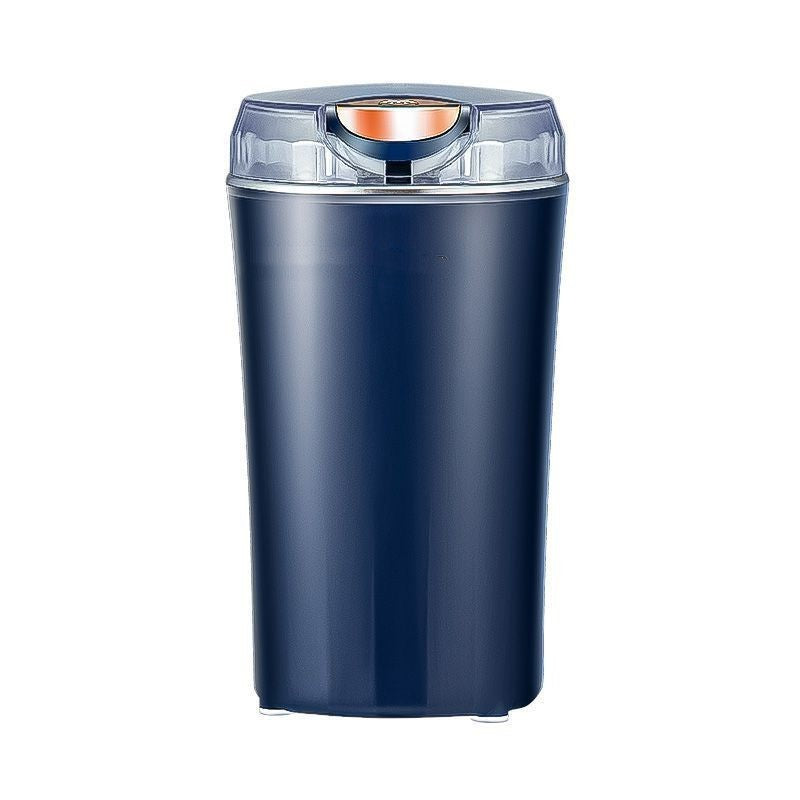 Blue coffee grinder with a clear top on a white background