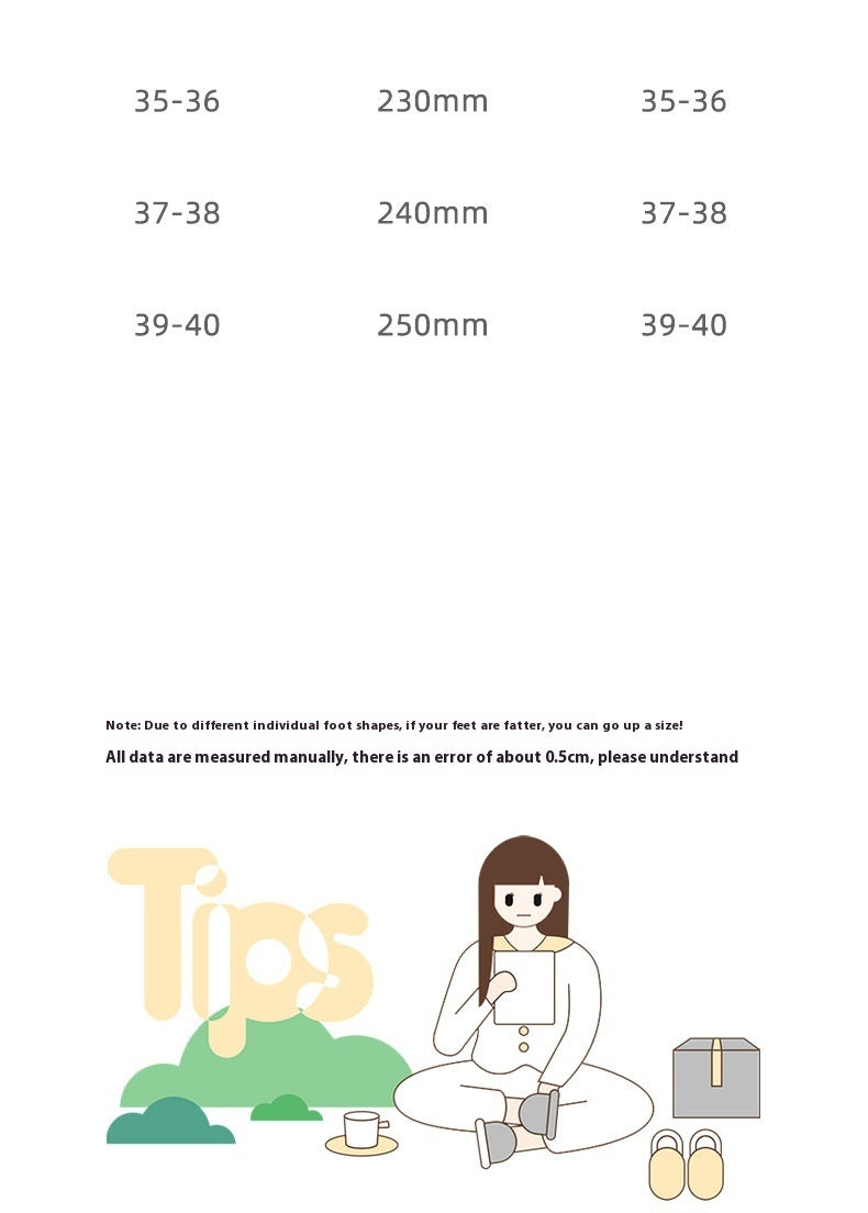 Measurement chart for shoe sizes with a cartoon illustration of a person sitting on the floor.