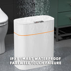 White rectangular device with an orange stripe in a bathroom setting, featuring text about waterproofing.