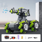 Toy robot with green and gray design, featuring a remote control and accessories on a gray background.