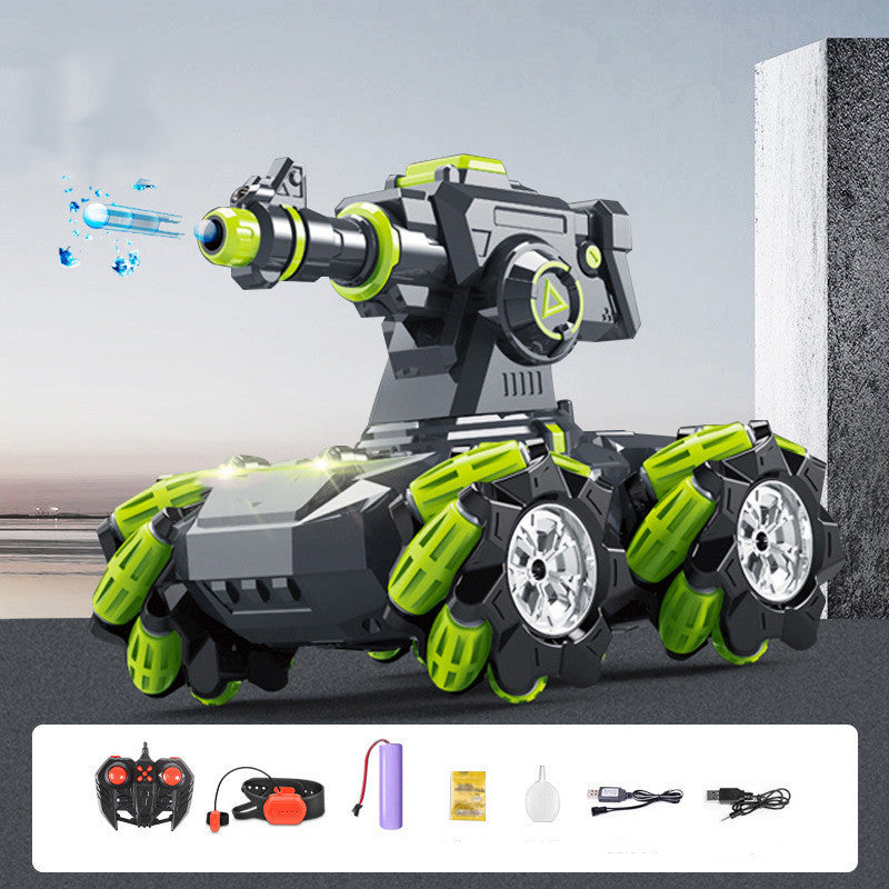 Toy robot with green and gray design, featuring a remote control and accessories on a gray background.