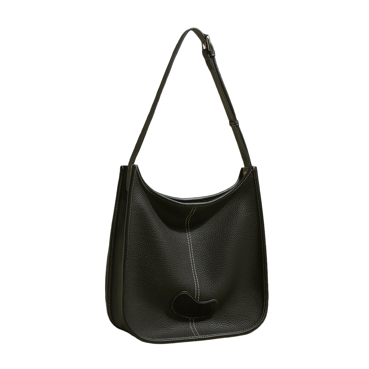 Black leather handbag on a light gray background