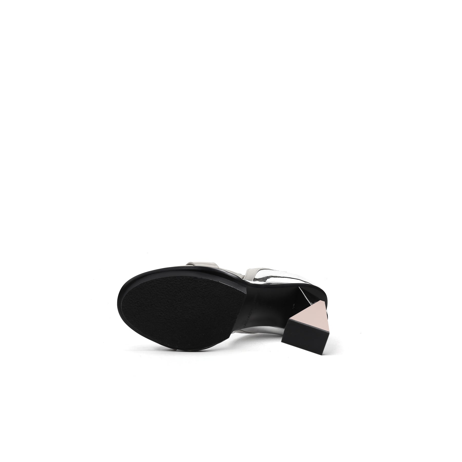 Sole view of stylish trapezoidal skyscraper heels for women, featuring a geometric design and breathable open-toe fit.